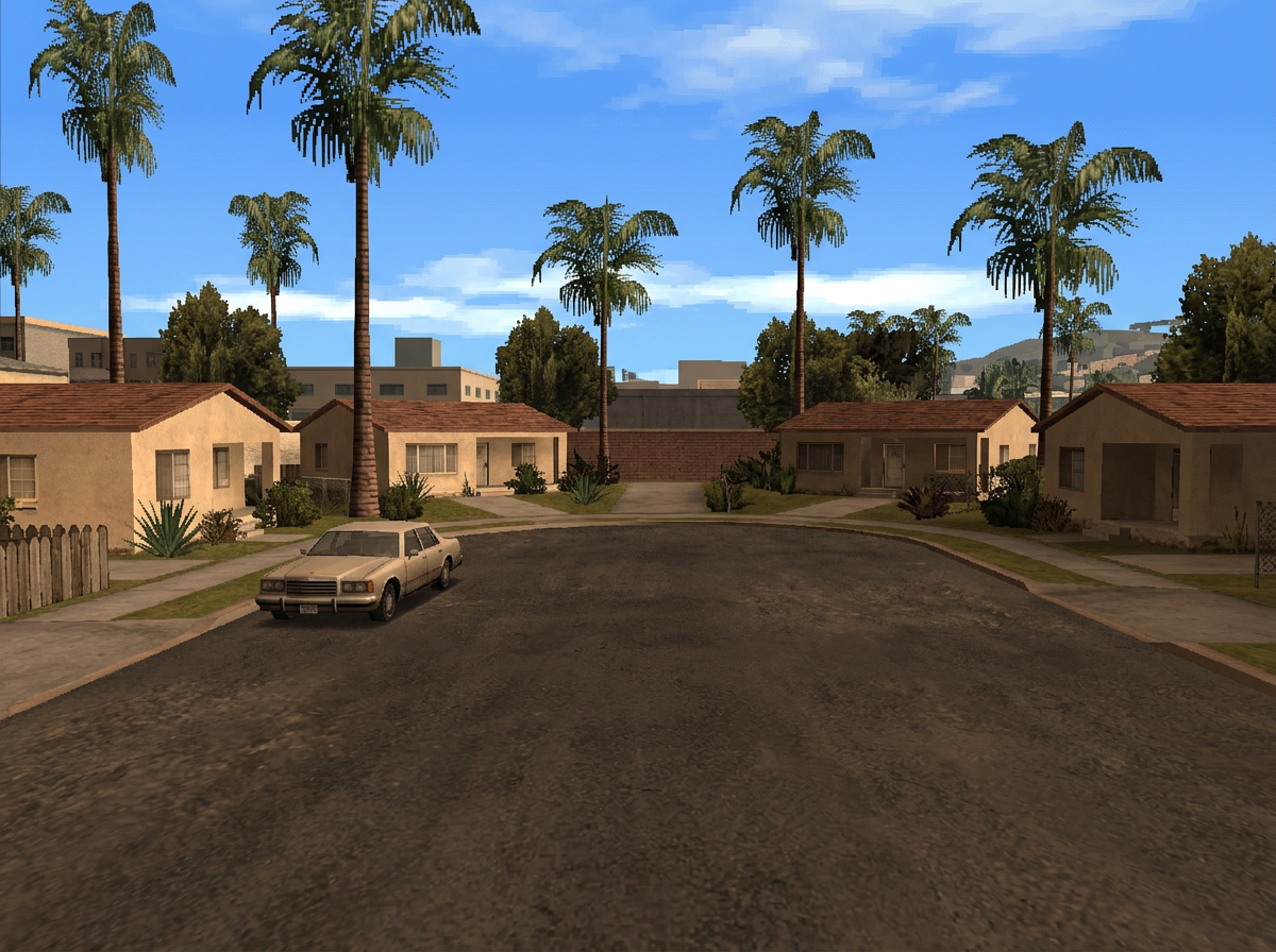 Sunny low-poly neighborhood with palm trees, bungalows, and a parked sedan
